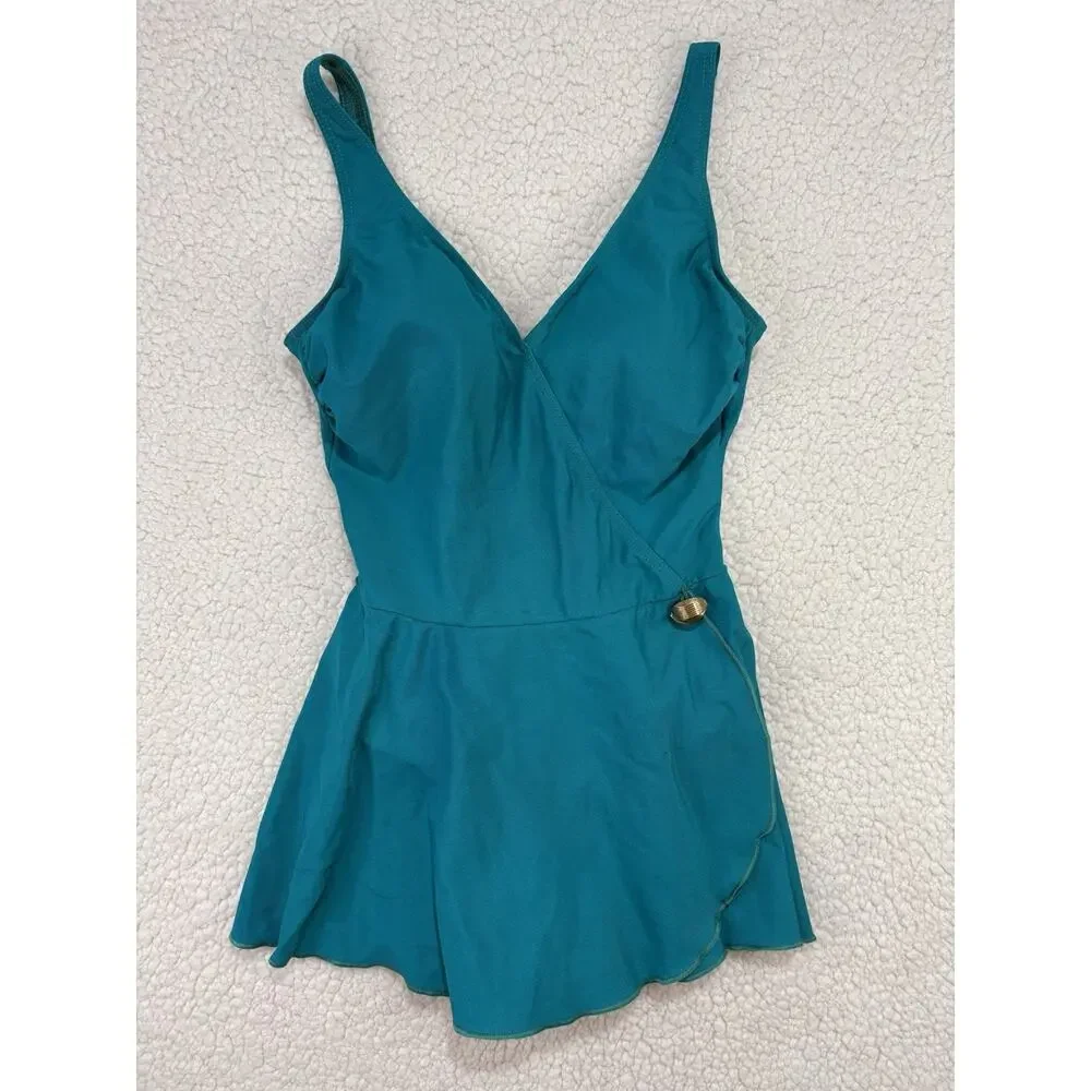 Vintage‎ Christina One Piece Swimsuit Modest Swim Dress Wrap Teal Gold Button 10